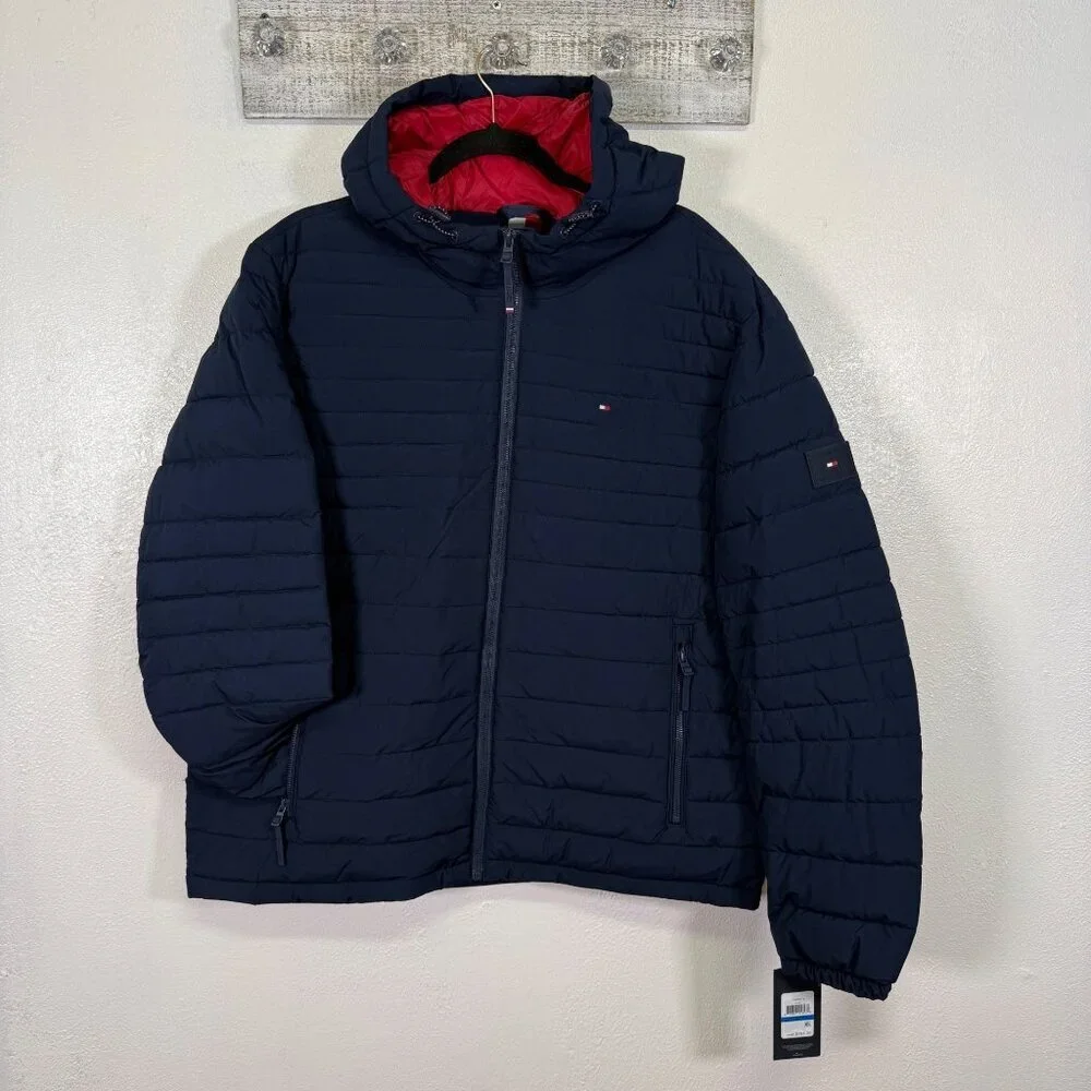 Tommy Hilfiger Men's Midnight Navy TH Flex Quilted Puffer Hooded Jacket NWT$195